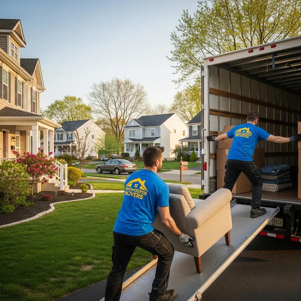 Professional movers loading furniture onto a truck in a Poughkeepsie neighborhood