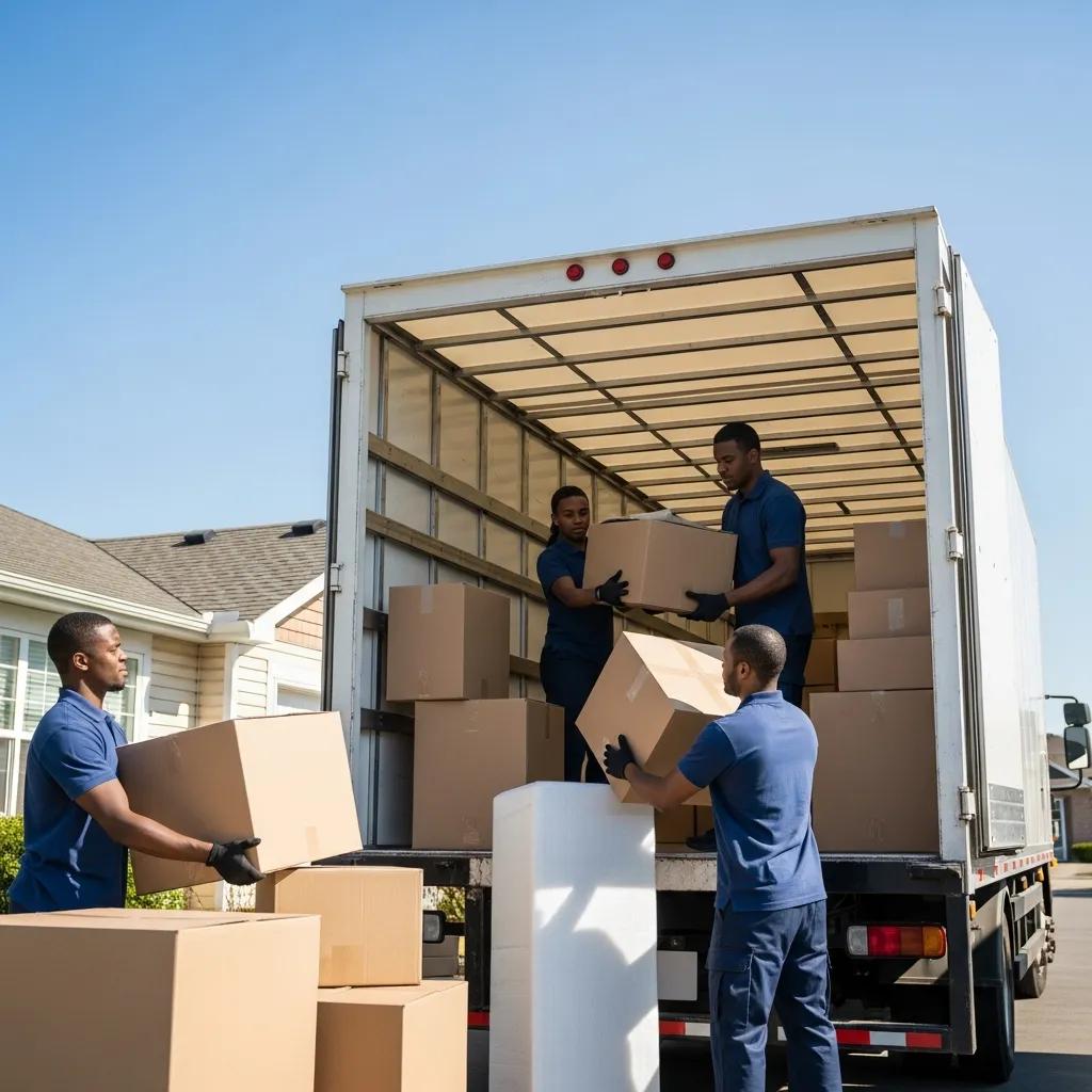 Professional movers efficiently packing boxes into a truck, showcasing moving services for residential and commercial relocations.