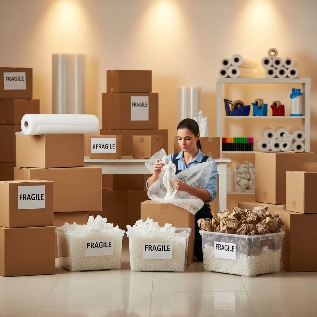 Professional packer organizing packing supplies and fragile items amidst labeled boxes, showcasing packing and storage services for a smooth moving experience.