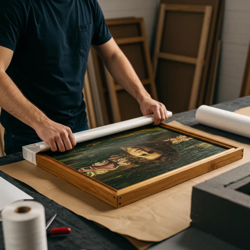 Professional packer wrapping fine art in protective materials, ensuring safe relocation of valuable items for white glove moving services.