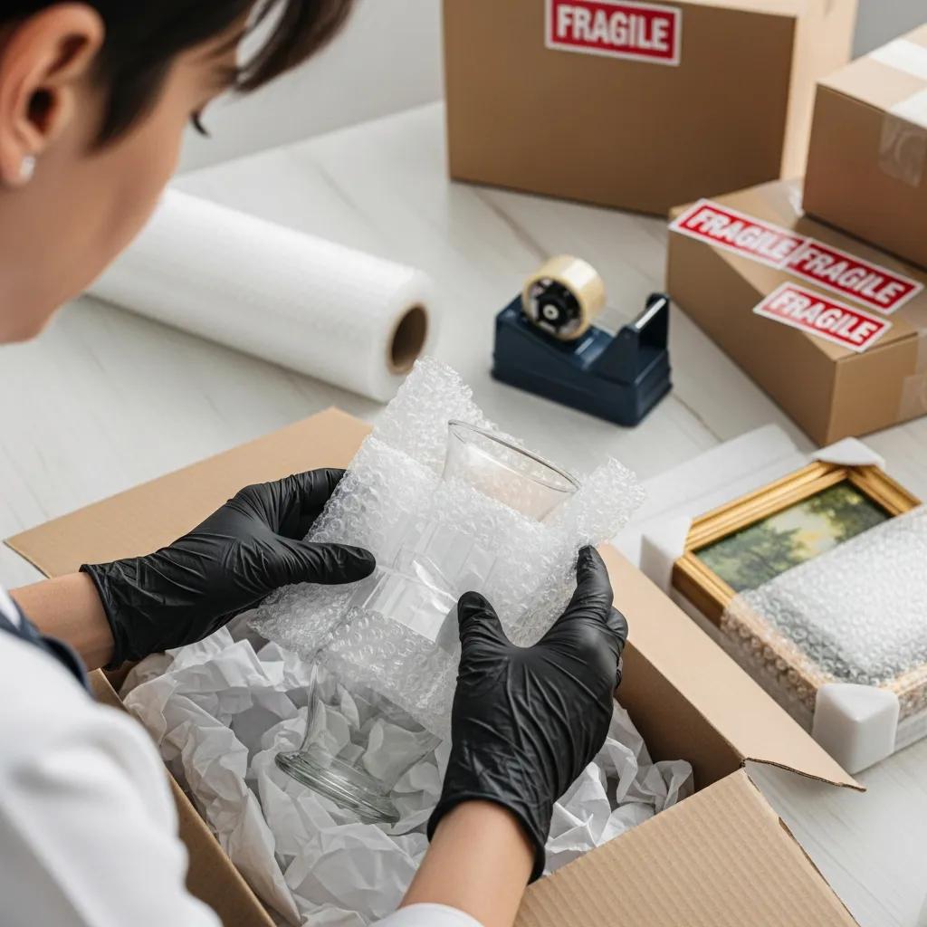 Mover carefully wrapping a fragile item with protective materials