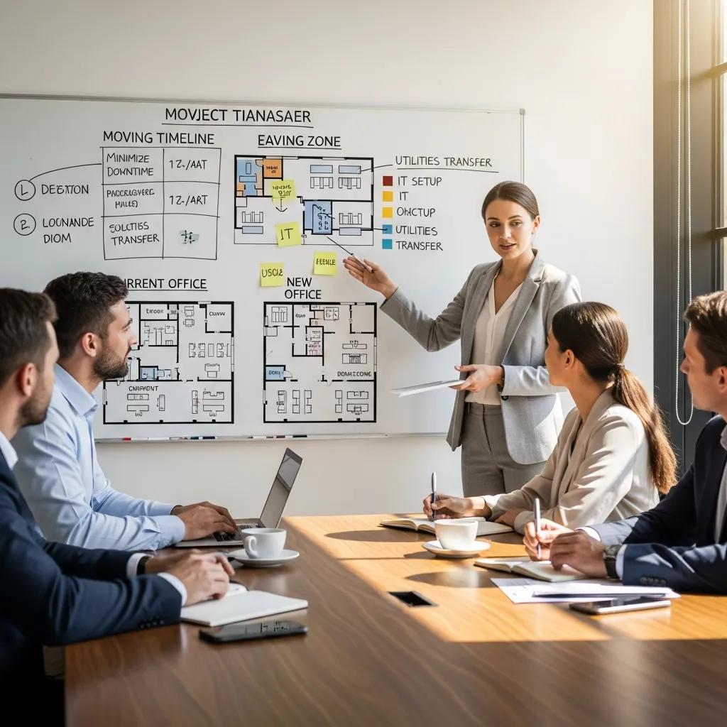 Woman project manager presenting a customized moving plan with office layout diagrams to a business team, emphasizing strategies to minimize downtime during relocation.