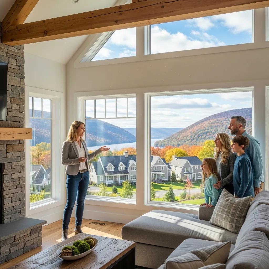 Real estate agent showing a family a home with scenic views in the Hudson Valley, emphasizing family-oriented living and market trends.