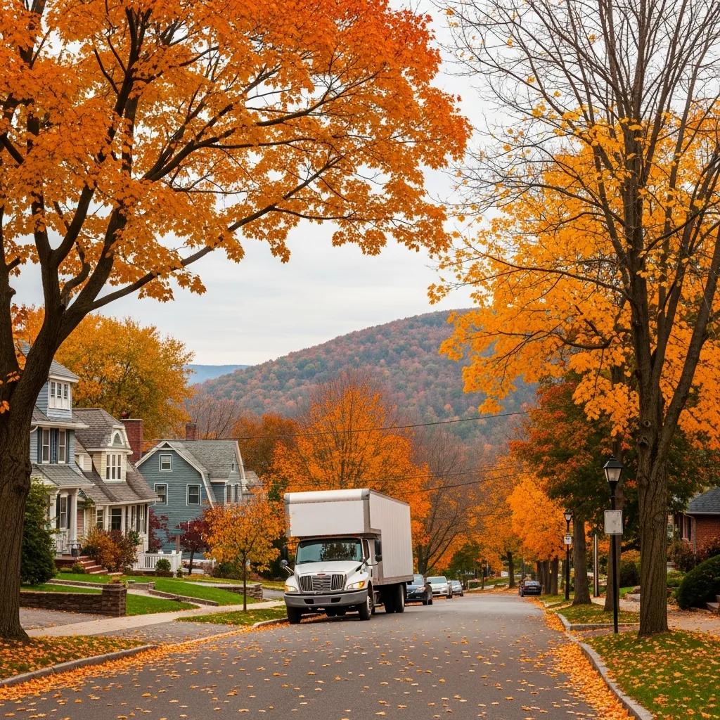 Scenic autumn view of Hudson Valley with a moving truck, representing seasonal moving