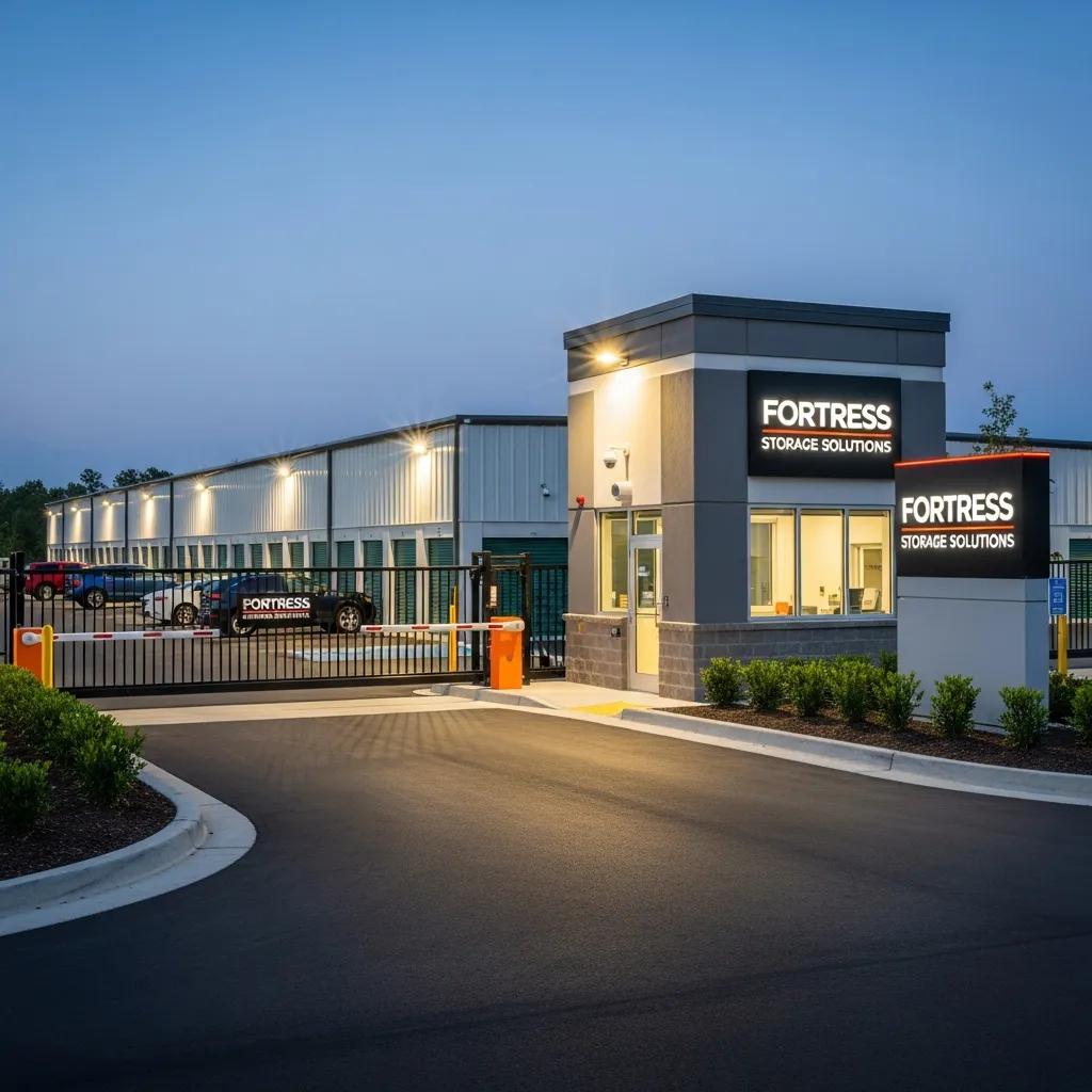 Secure storage facility entrance with organized units, surveillance cameras, and gated access, emphasizing safety and convenience for customers in Plattekill.
