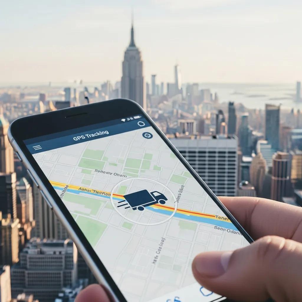 Smartphone displaying GPS tracking for moving services, highlighting real-time updates and truck location against a city skyline.