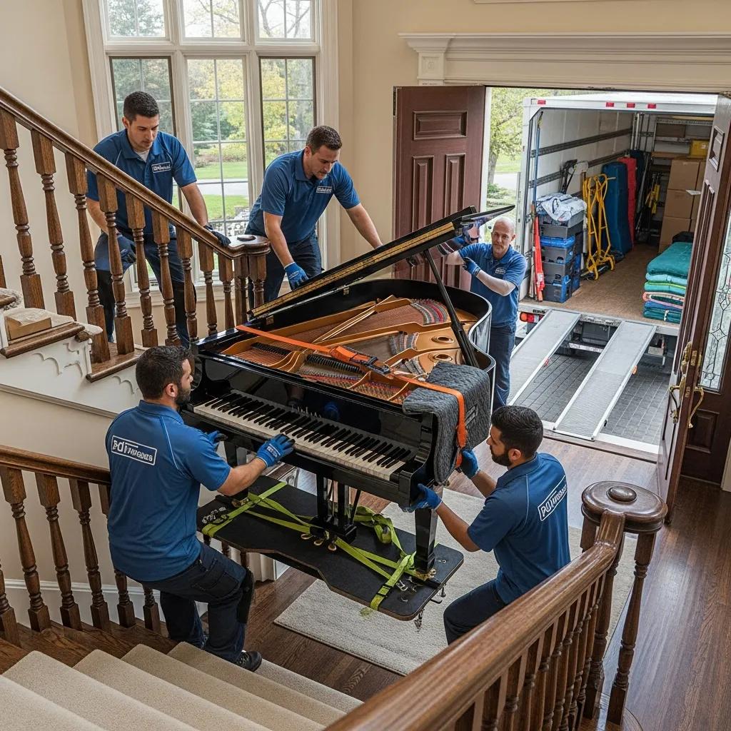 Specialized movers carefully handling a grand piano down a staircase, showcasing expertise in delicate and high-value item relocation for 845 Move Now in Newburgh, NY.