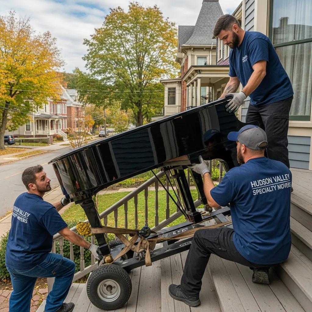 Specialized moving team handling a grand piano with care during a relocation in Kingston, NY