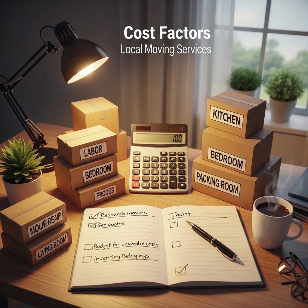 Visual representation of cost factors for local moving services, including budgeting tools and moving supplies