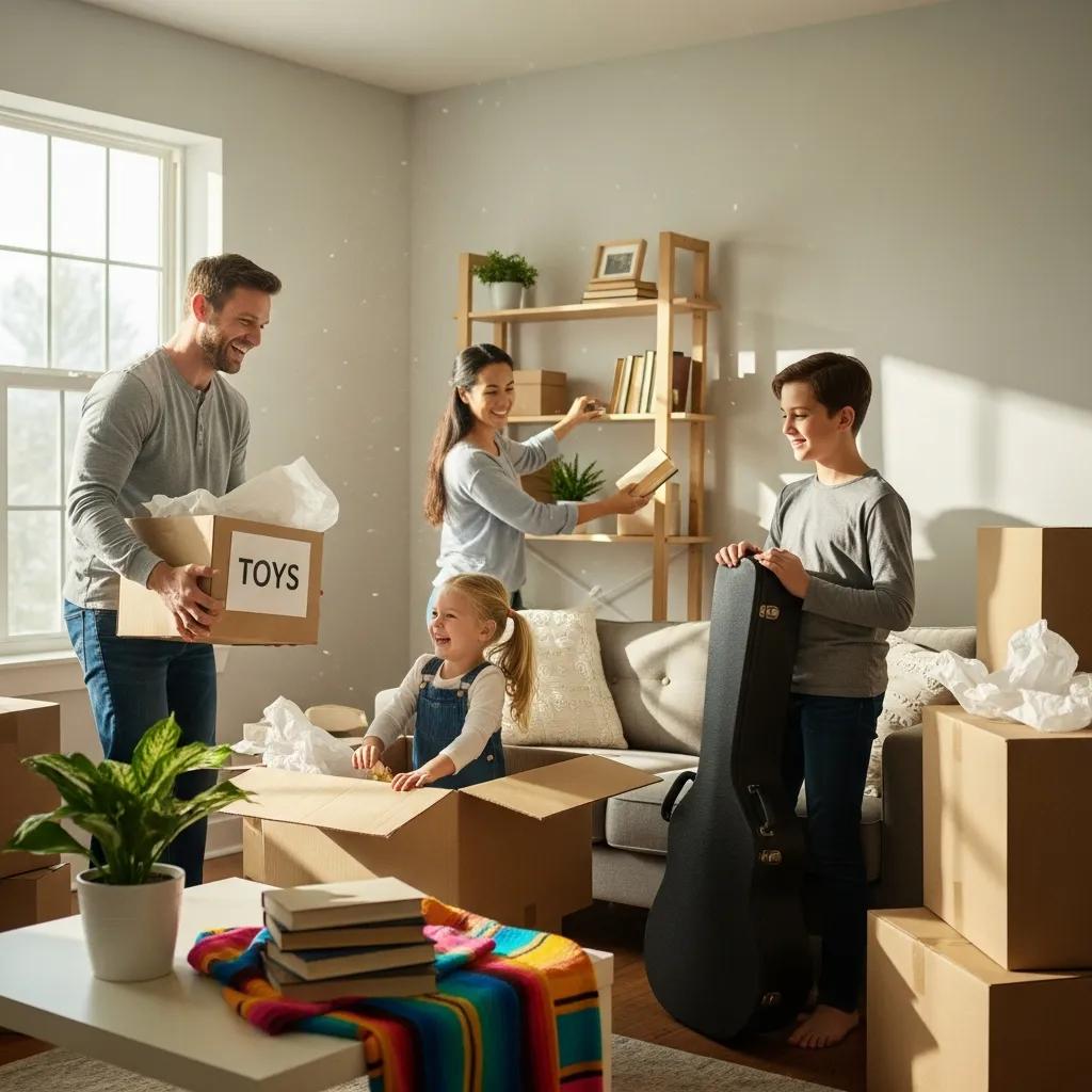 Family unpacking boxes in their new home, showcasing joyful moments during a residential move, with a focus on toys and books, emphasizing the moving services of 845 Move Now in Highland, NY.