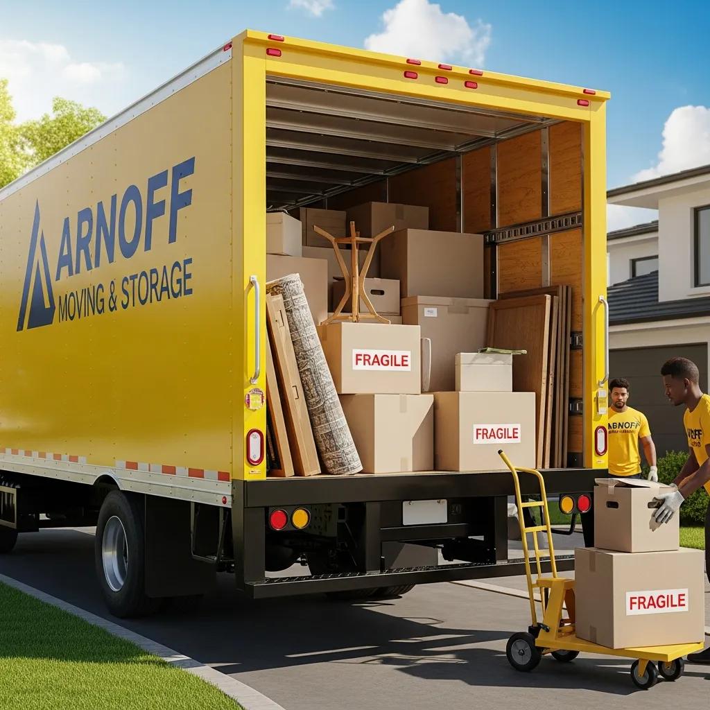 Arnoff Moving & Storage truck loaded with boxes in front of a suburban home, representing their moving services
