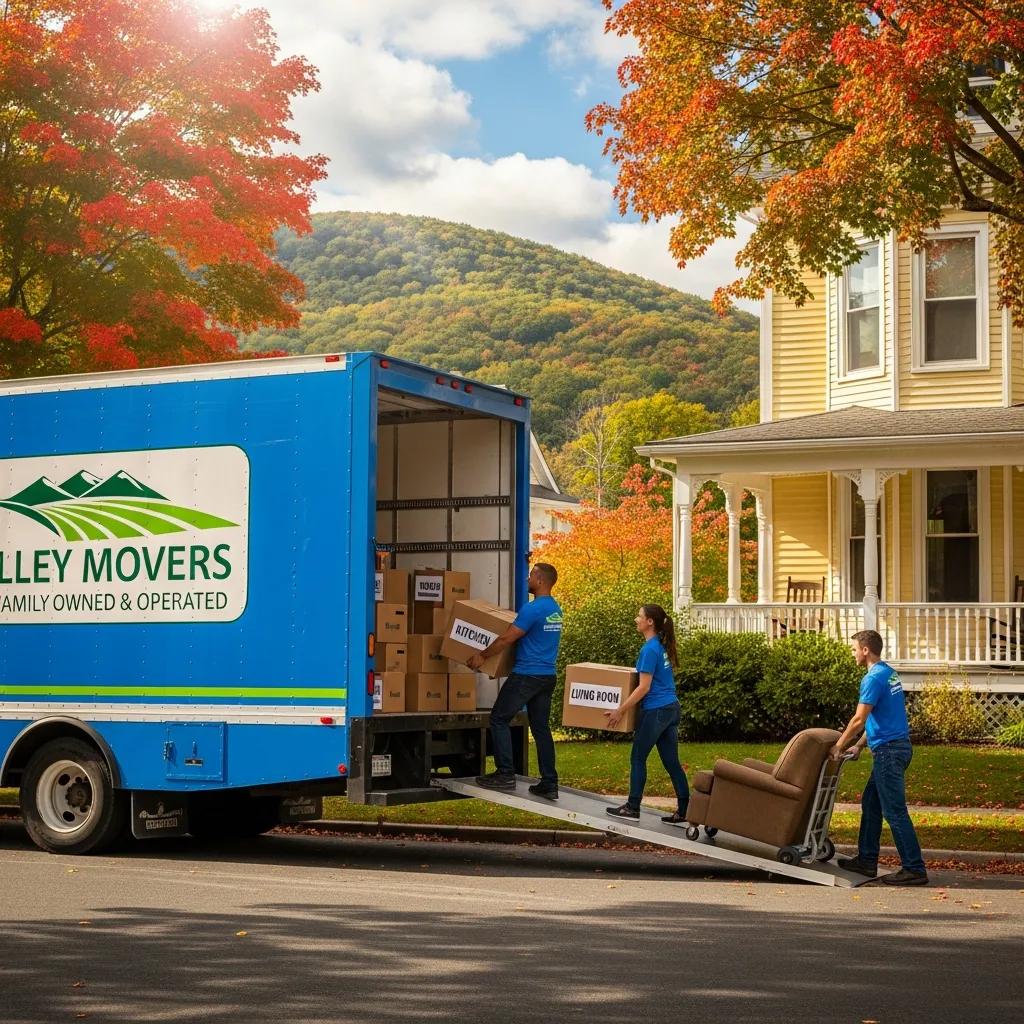 Busy B-Line Movers truck unloading boxes with moving crew at a residential location in Hudson Valley, showcasing family-owned moving services.
