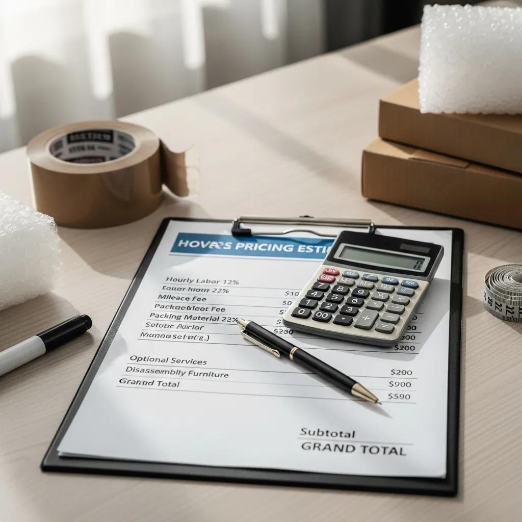 Clipboard with detailed pricing estimate for moving services, calculator, pen, packing tape, and boxes, symbolizing pricing transparency and clarity in moving costs for Always Moving NY.