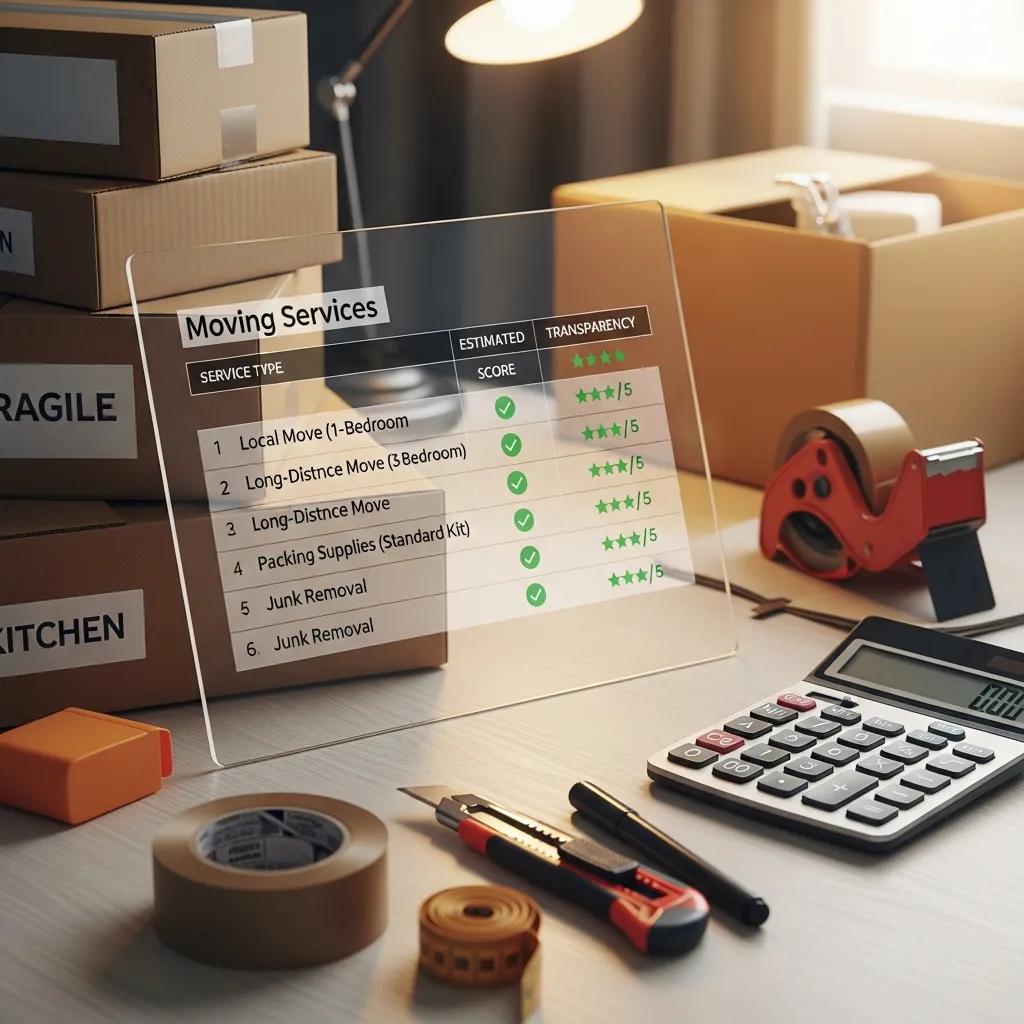 Transparent pricing sheet displaying moving services and estimated scores, highlighting affordability and transparency in moving solutions offered by 845 Move Now, with packing supplies and tools in the background.