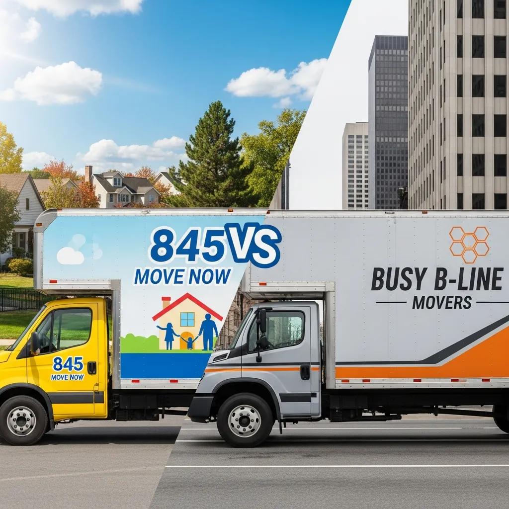 Comparison of 845 Move Now and Busy B-Line Movers trucks in residential and commercial settings, showcasing distinct branding and service focus.