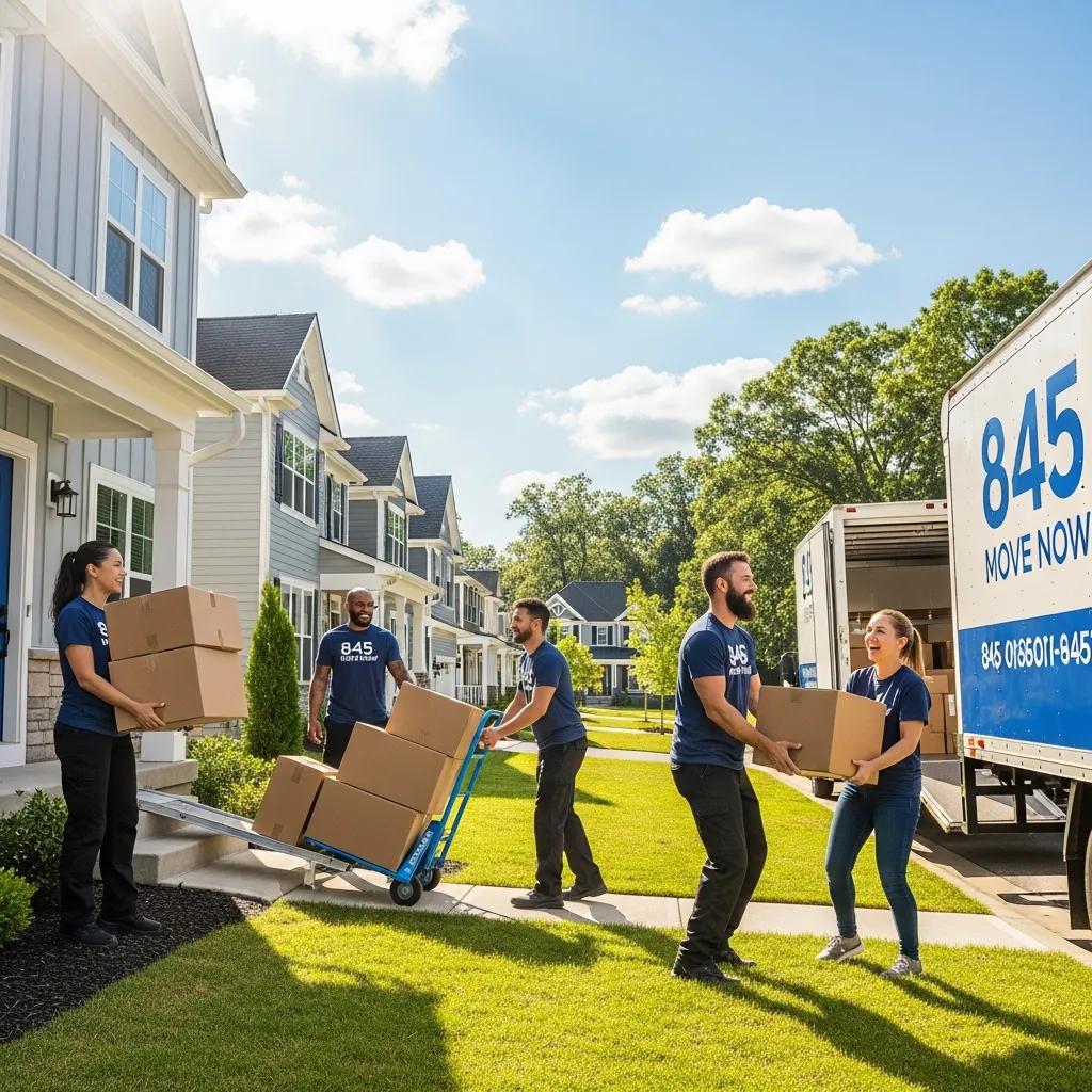 Diverse moving team from 845 Move Now unloading boxes at a new home, emphasizing their transparent pricing and service