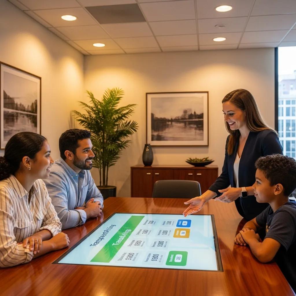 Family consulting with a moving expert at a table displaying transparent pricing and moving service options, emphasizing affordable moving services by 845 Move Now.