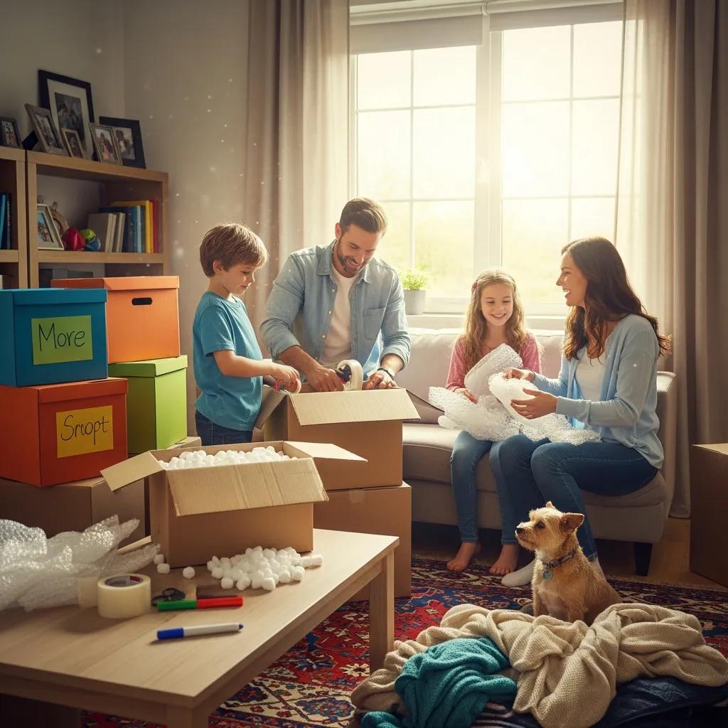 Family packing for a move, showcasing excitement and preparation for relocation