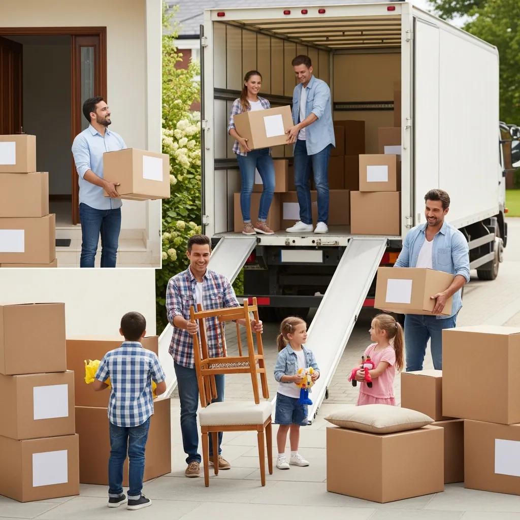 Family packing for a move with a moving truck in the background, illustrating the moving process