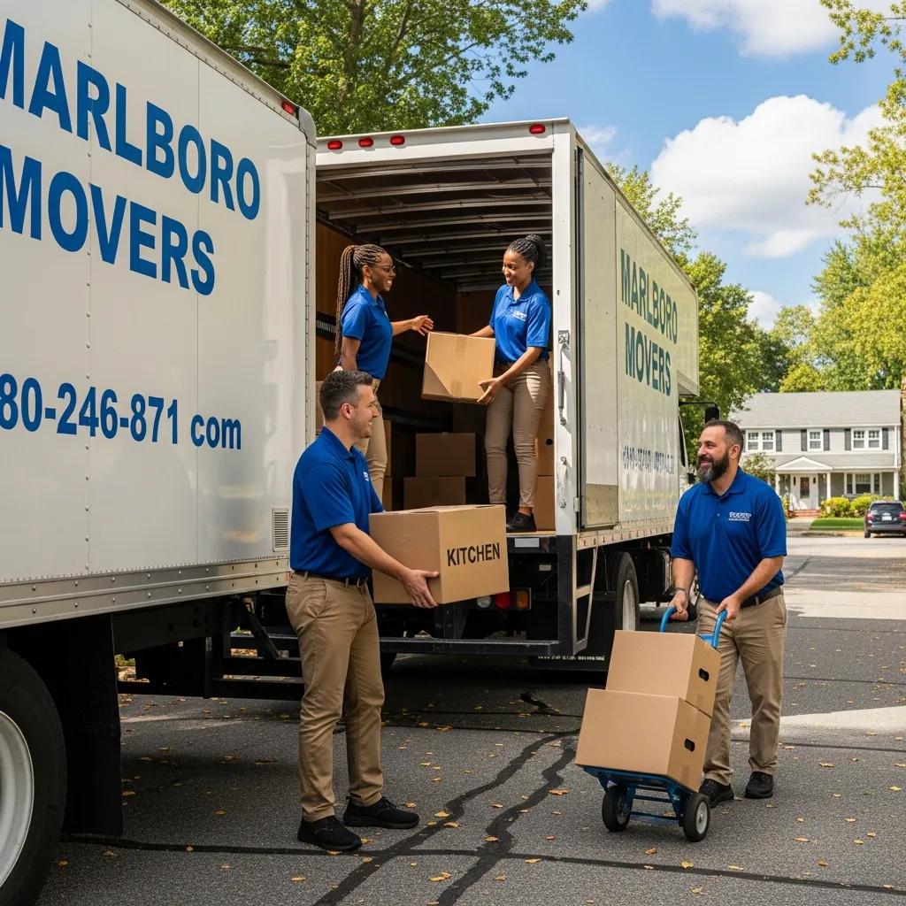 Friendly moving team loading boxes into a truck in a suburban neighborhood
