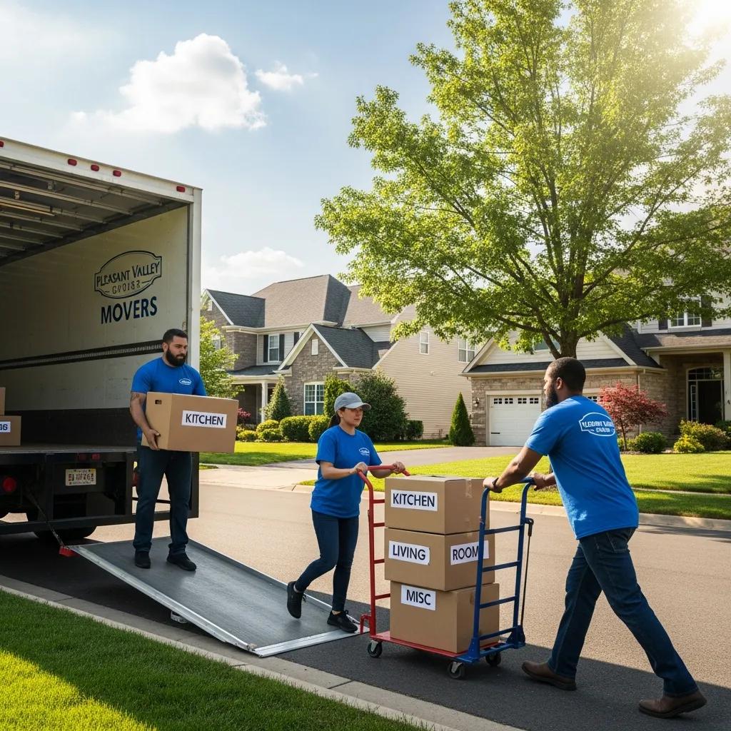 Friendly moving team loading labeled boxes into a truck in Pleasant Valley, NY, showcasing local moving services by 845 Move Now.
