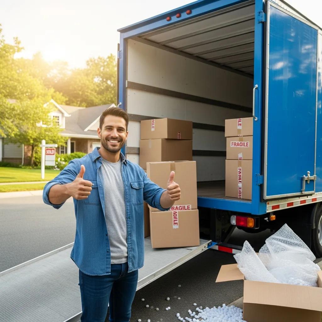 Happy customer giving thumbs up in front of moving truck, showcasing positive feedback on Always Moving NY's reliable moving services.