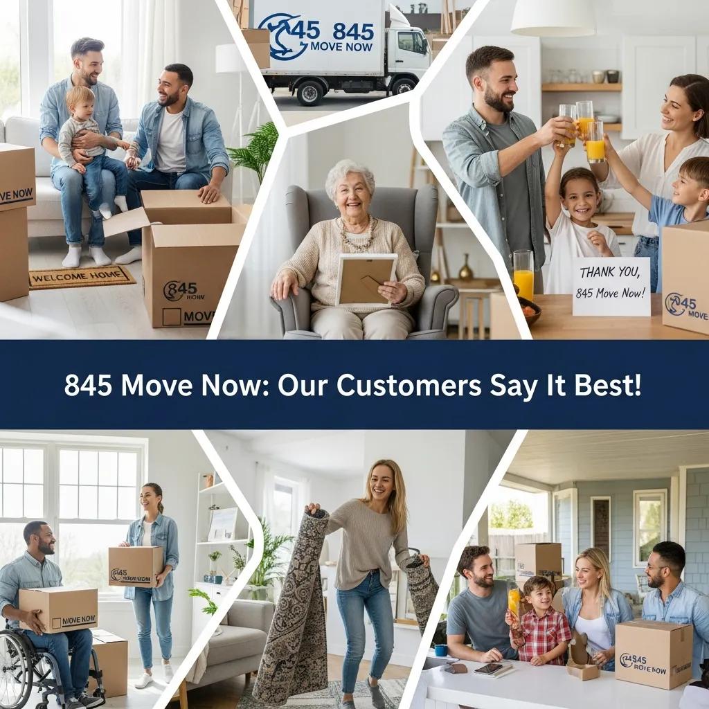 Happy customers celebrating their positive experiences with 845 Move Now, featuring families unpacking boxes, a satisfied elderly woman, and cheerful children, showcasing the company's commitment to customer satisfaction in the Hudson Valley.