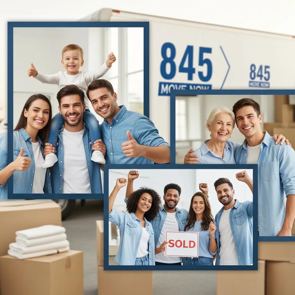 Happy customers of 845 Move Now celebrating successful moves, showcasing reliability and professionalism, with a backdrop of moving boxes and a branded truck.