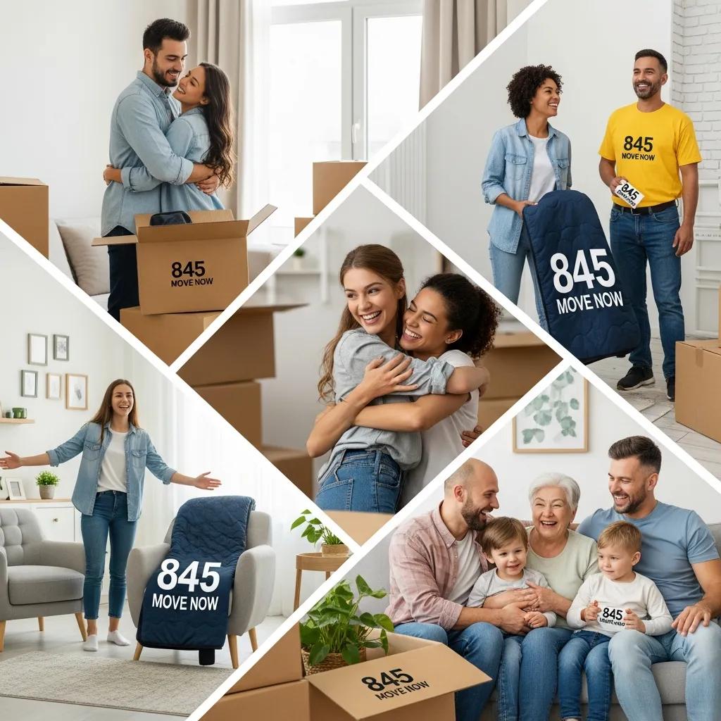 Happy customers celebrating their moving experience with 845 Move Now, showcasing family and friends in a bright, welcoming space with moving boxes and branded items.