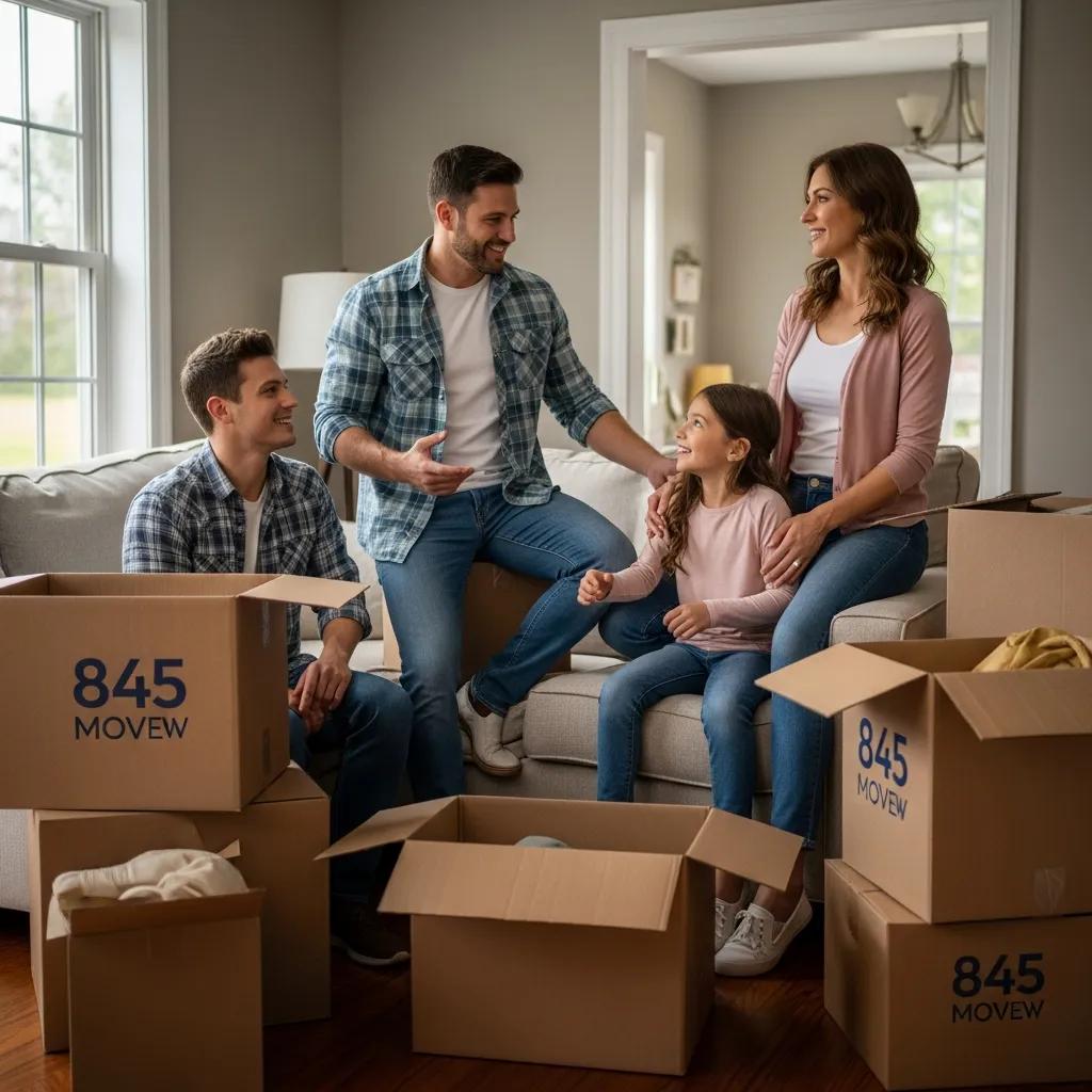 Happy family enjoying a positive moving experience in their new home, surrounded by 845 Move Now boxes, emphasizing customer satisfaction and the joy of relocation.