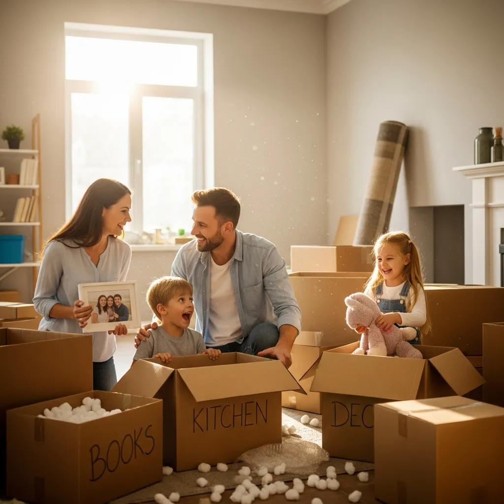 Happy family unpacking boxes in their new home, reflecting positive moving experiences