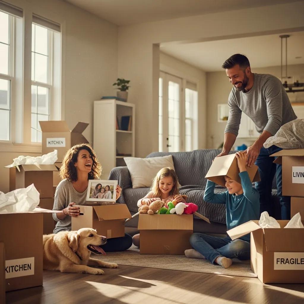 Happy family unpacking boxes in their new home, showcasing customer satisfaction with moving services, featuring labeled boxes and a dog.