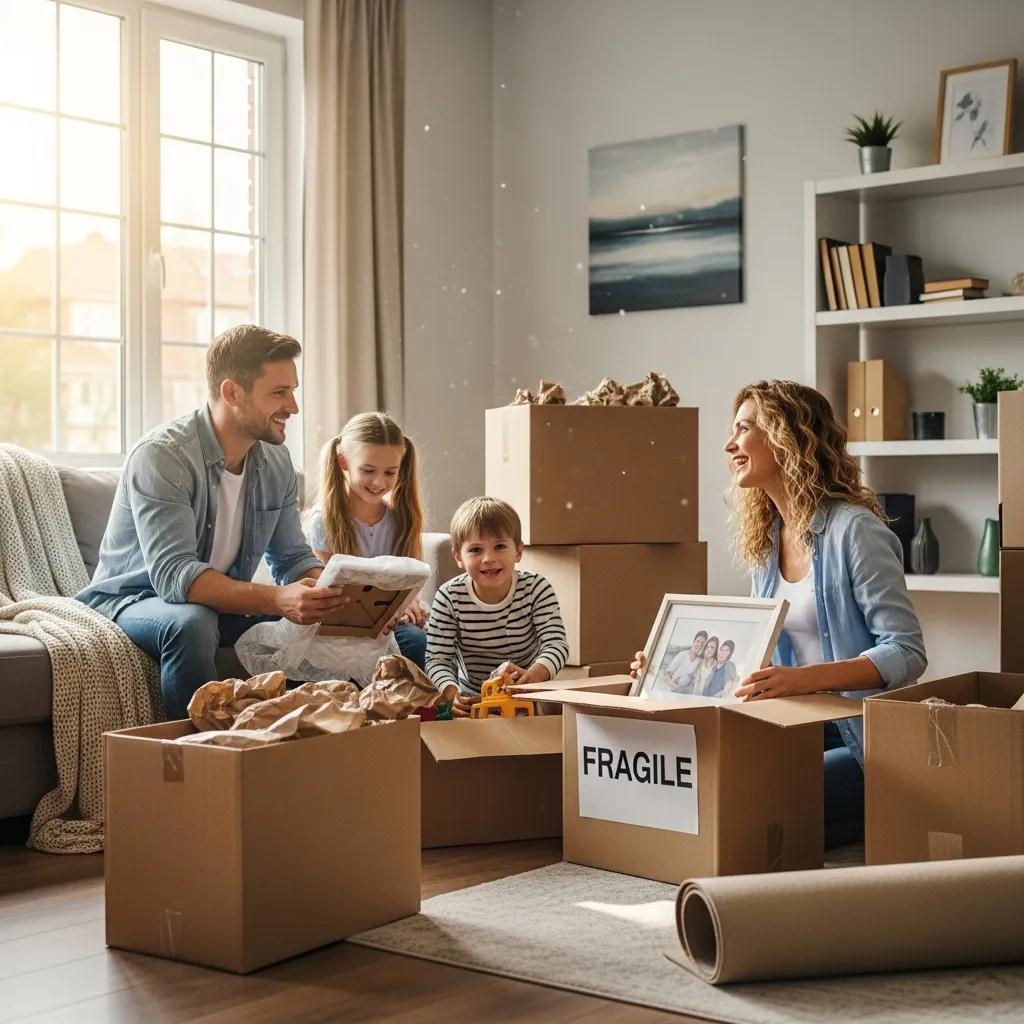 Happy family unpacking in their new home, representing customer satisfaction with local moving services