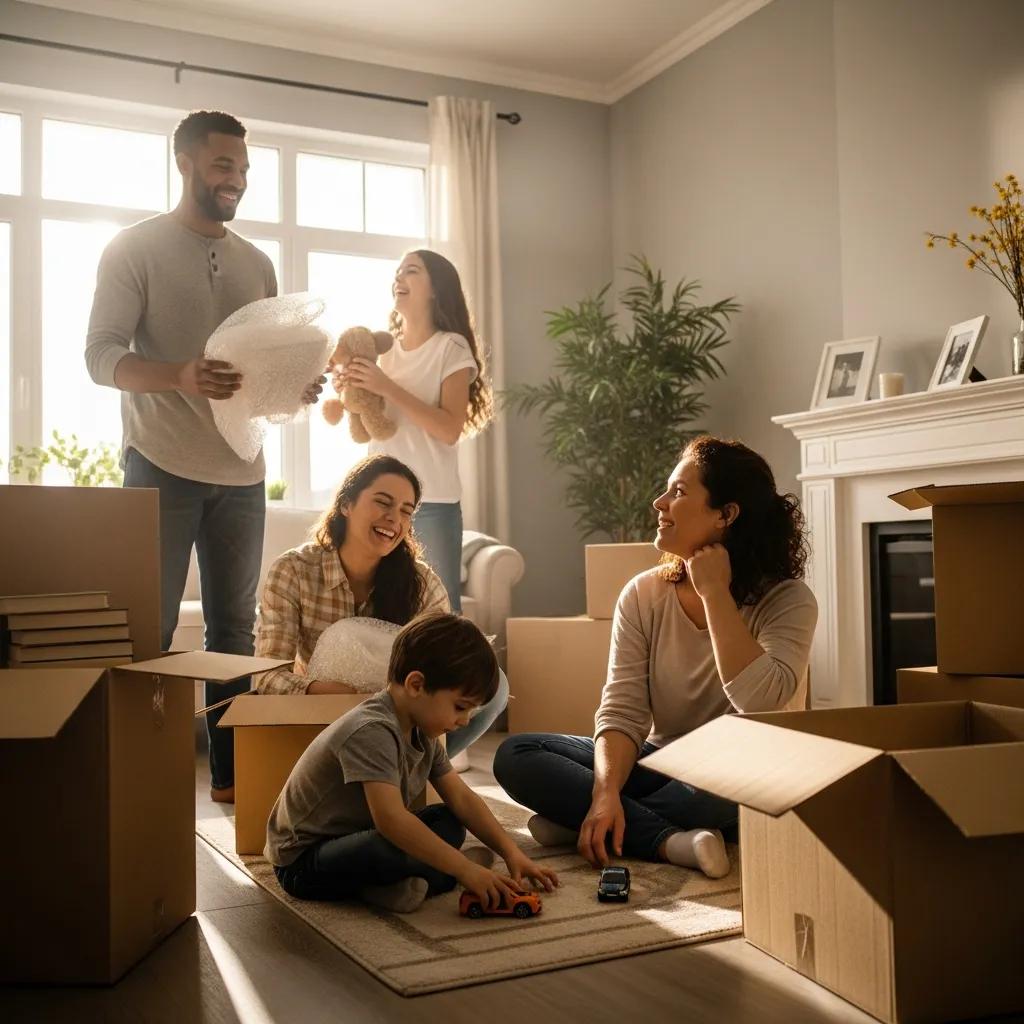Happy family unpacking boxes in their new home, showcasing positive customer experiences with 845 Move Now's moving services in Clintondale.