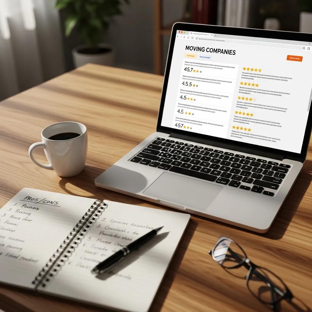 Laptop showing customer reviews for moving companies, emphasizing research and decision-making