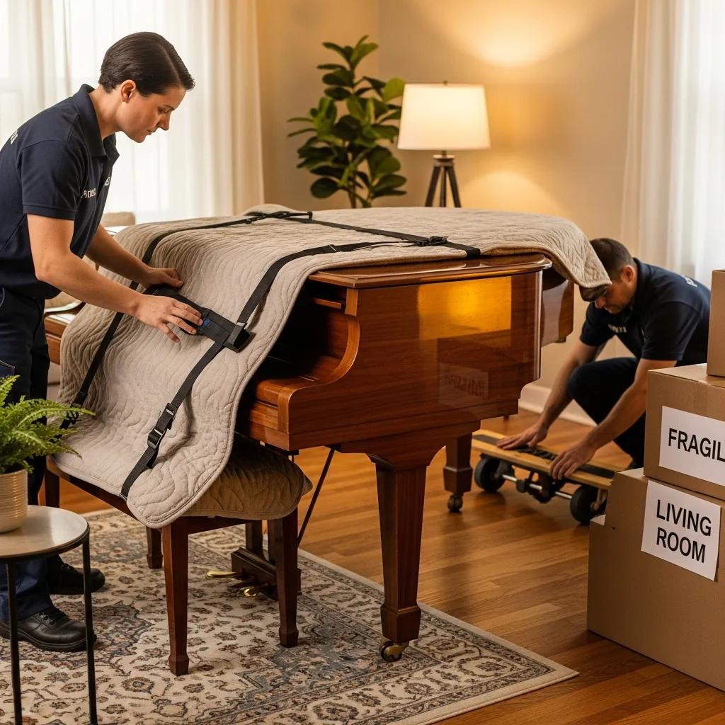 Local mover packing a piano with care, highlighting specialized moving services not offered by national chains