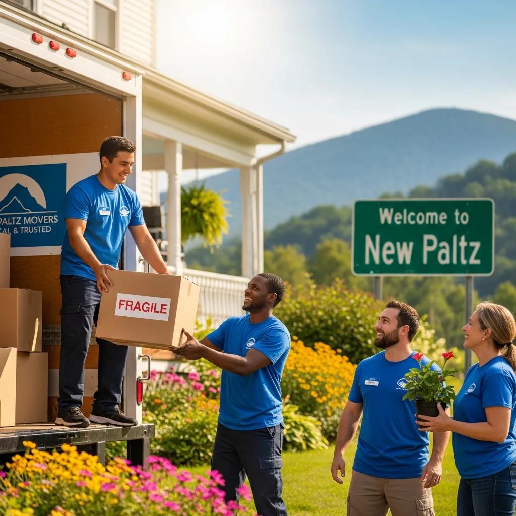 Local movers in New Paltz loading boxes labeled "FRAGILE" into a truck, showcasing community service and teamwork with a "Welcome to New Paltz" sign in the background.