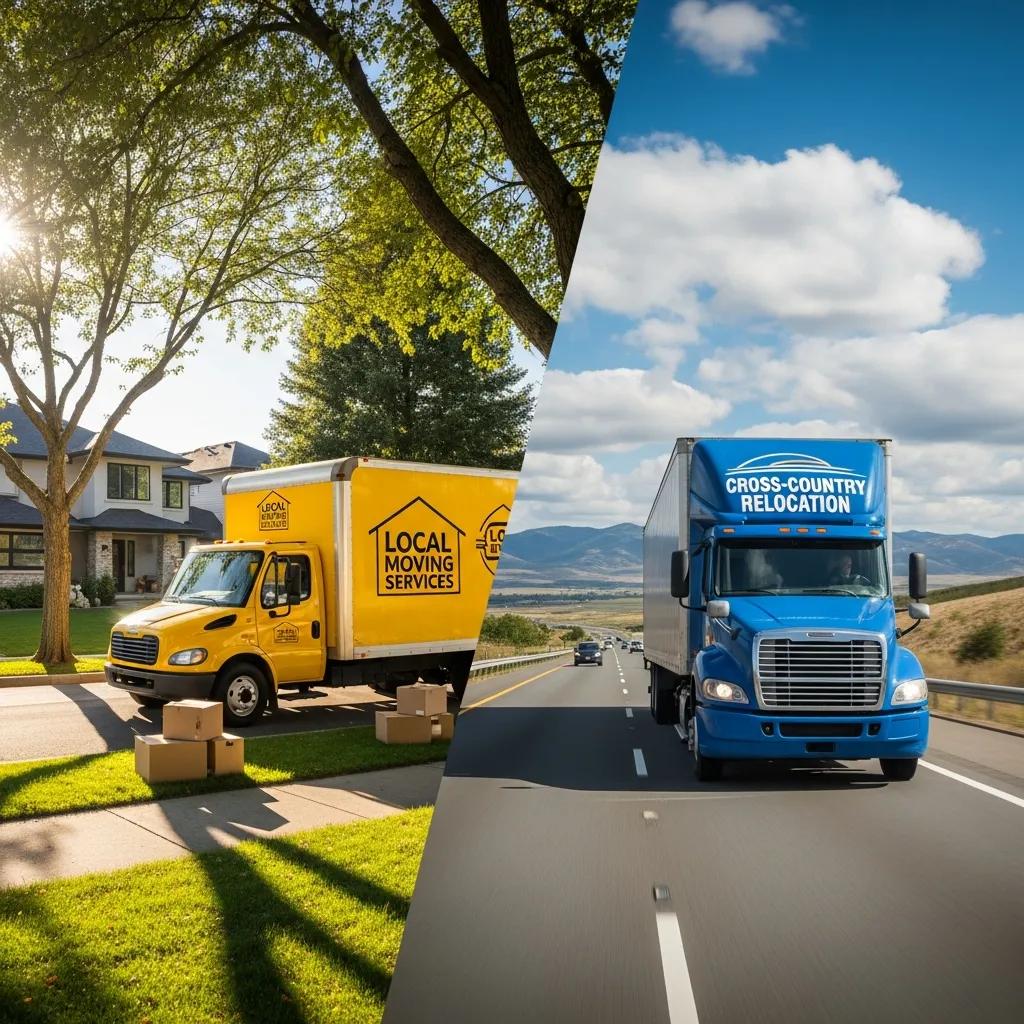Local moving truck in a neighborhood and long-distance truck on a highway, illustrating moving options
