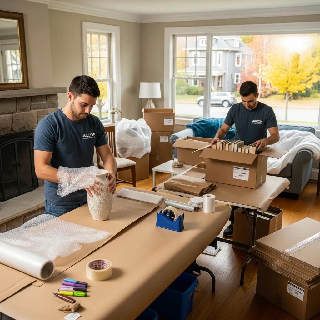 Movers packing items into boxes in a Beacon, NY living room, illustrating residential moving services by 845 Move Now.