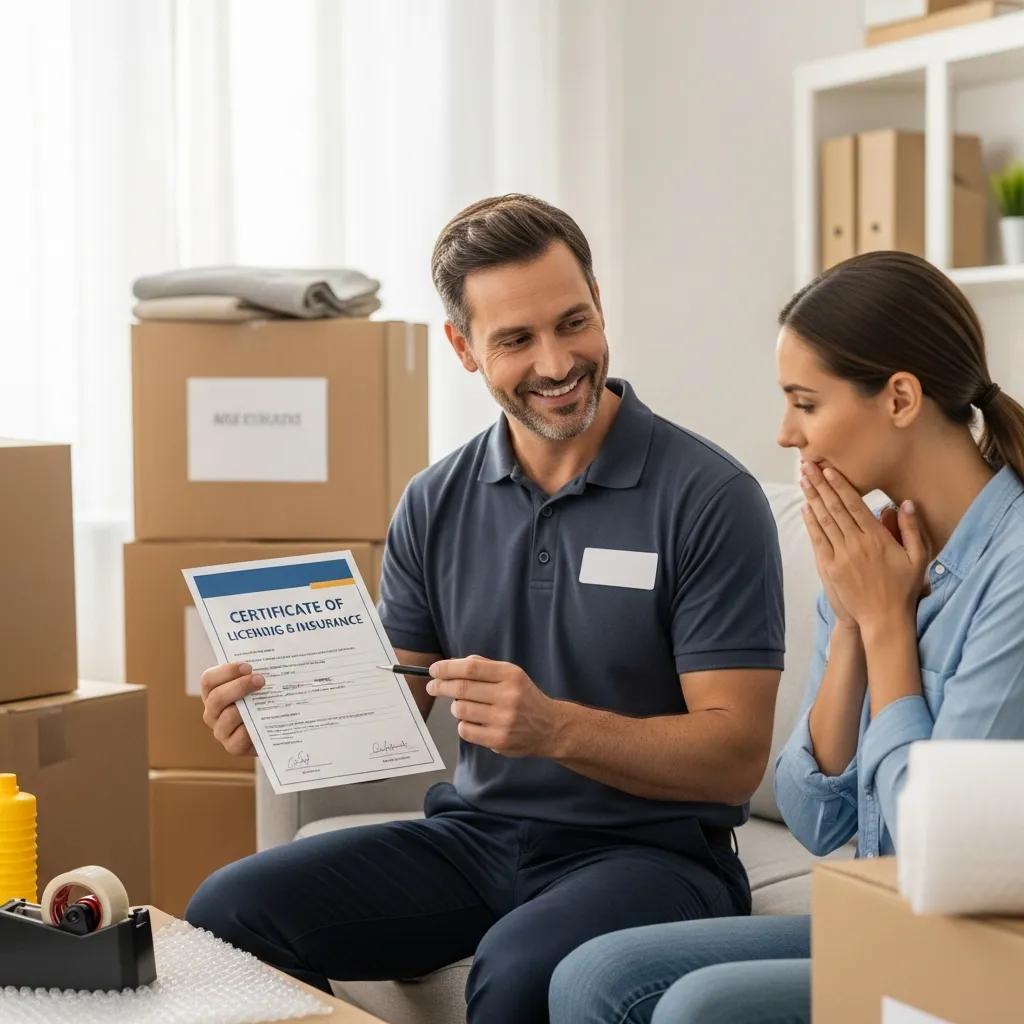 Professional mover showing licensing and insurance certificate to satisfied customer in a moving context with packed boxes.