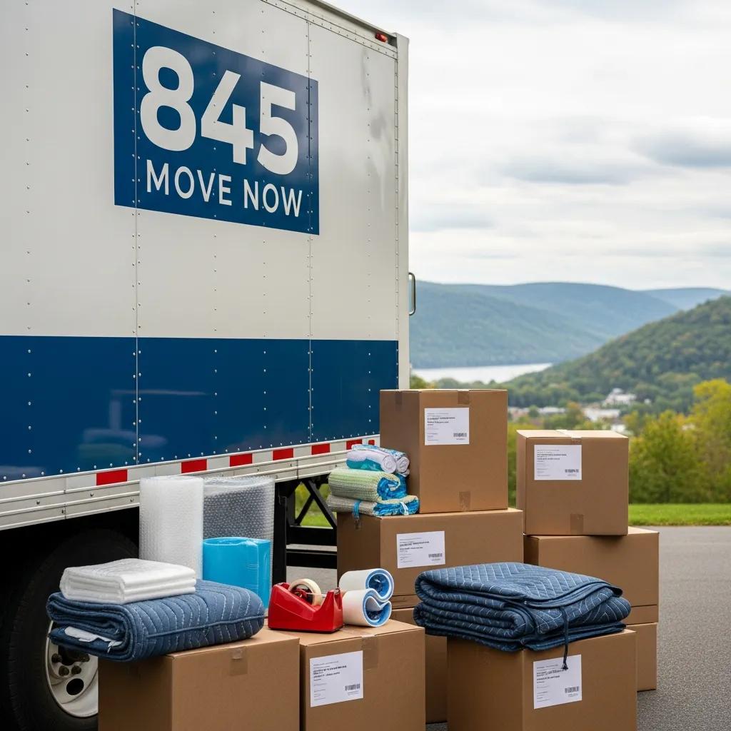 Moving truck with 845 Move Now logo, surrounded by packed boxes and moving supplies in a Hudson Valley setting, emphasizing reliable and personalized moving services.