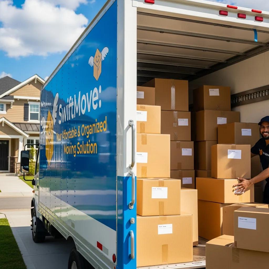 Moving truck with company logo parked in front of a home filled with packed boxes, illustrating 845 Move Now's local moving services in Milton, NY.