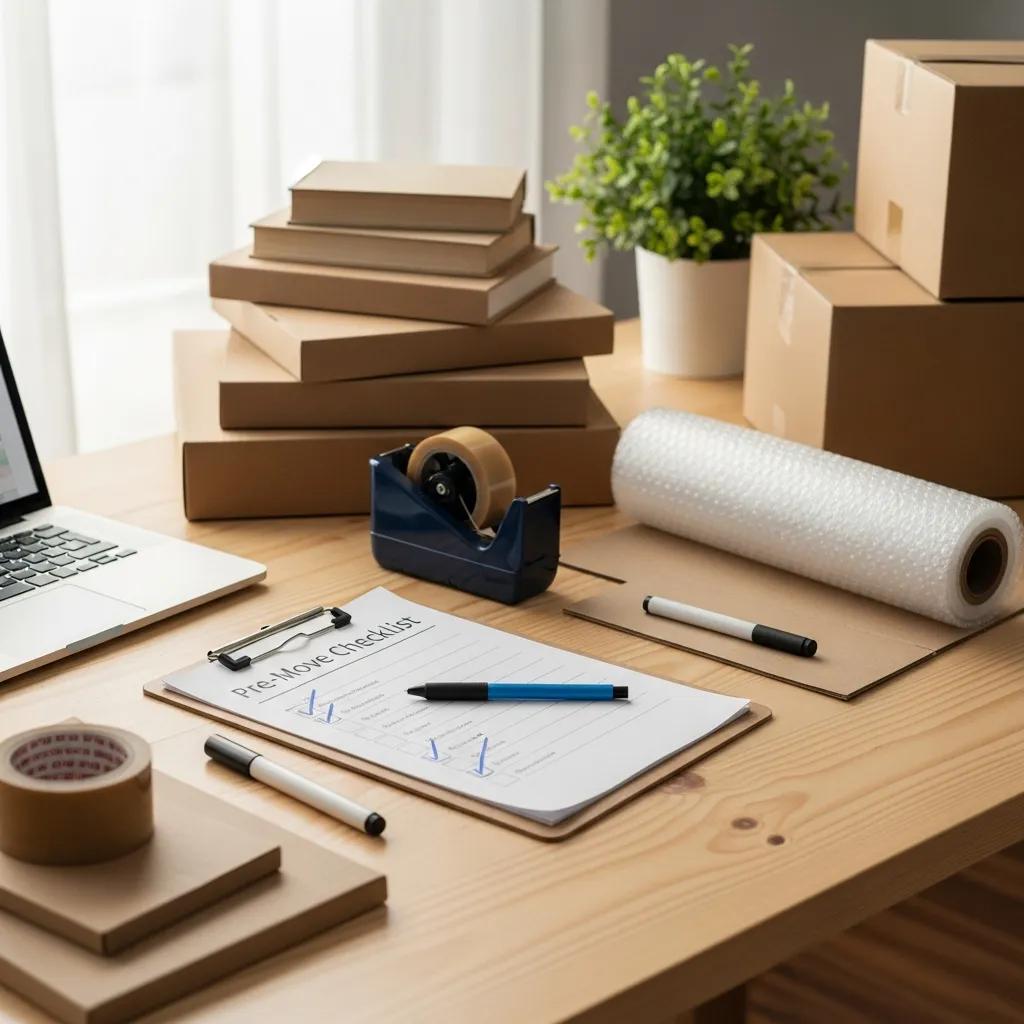 Pre-move checklist on a clipboard with packing materials and supplies, emphasizing organization and preparation for a successful move in Lloyd, NY.
