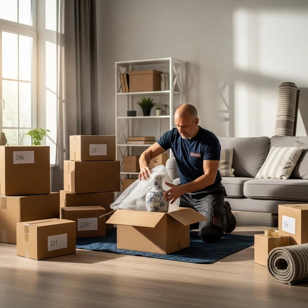Professional mover packing a ceramic vase into a box in a living room, surrounded by labeled boxes, highlighting residential moving services in Esopus, NY.