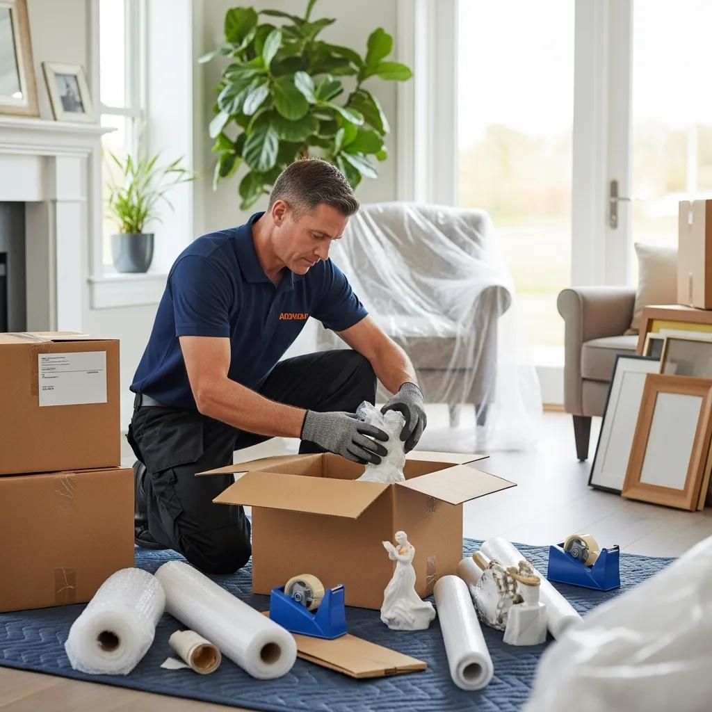Professional mover packing fragile household items in a living room, highlighting residential moving services by 845 Move Now in Pleasant Valley, NY.