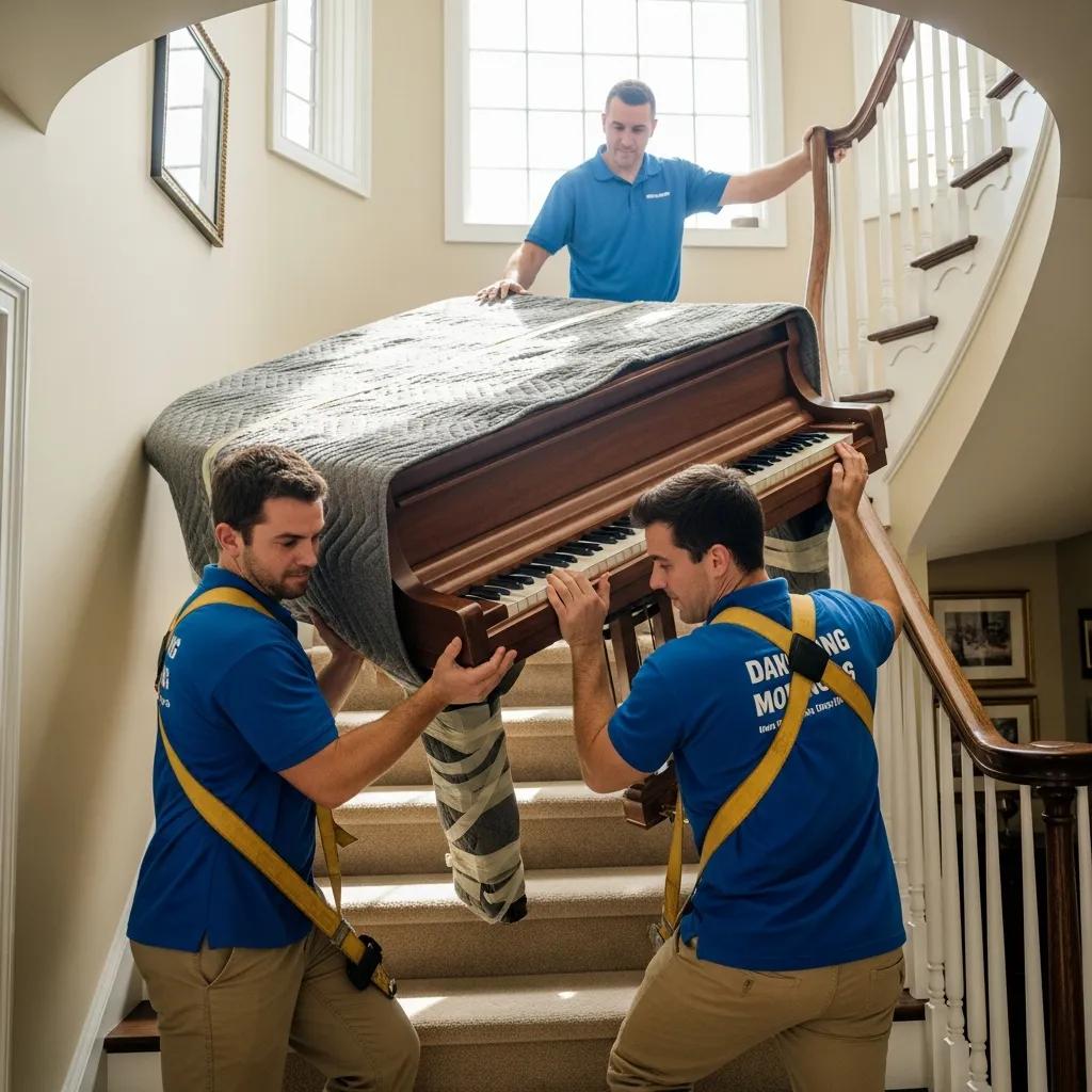 Professional movers transporting a grand piano, highlighting specialized moving services in Gardiner NY