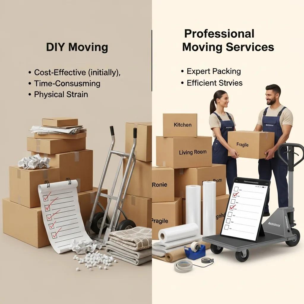Visual comparison of moving services: left side shows DIY moving with stacked boxes, checklist, and packing materials; right side depicts professional moving services with two movers, labeled boxes, and packing supplies, emphasizing expert packing and efficient services.