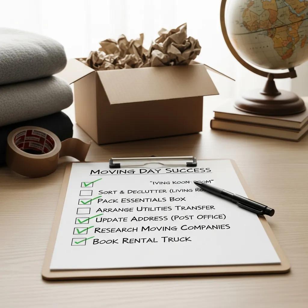 A moving checklist on a clipboard, showing the key tasks that make a relocation go smoothly