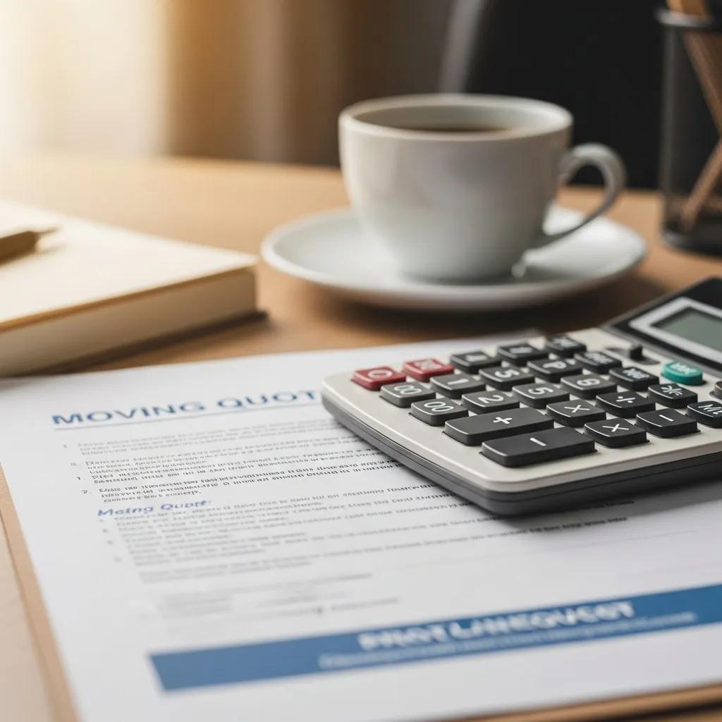Close-up of a moving quote document and calculator symbolizing budgeting for small business moves