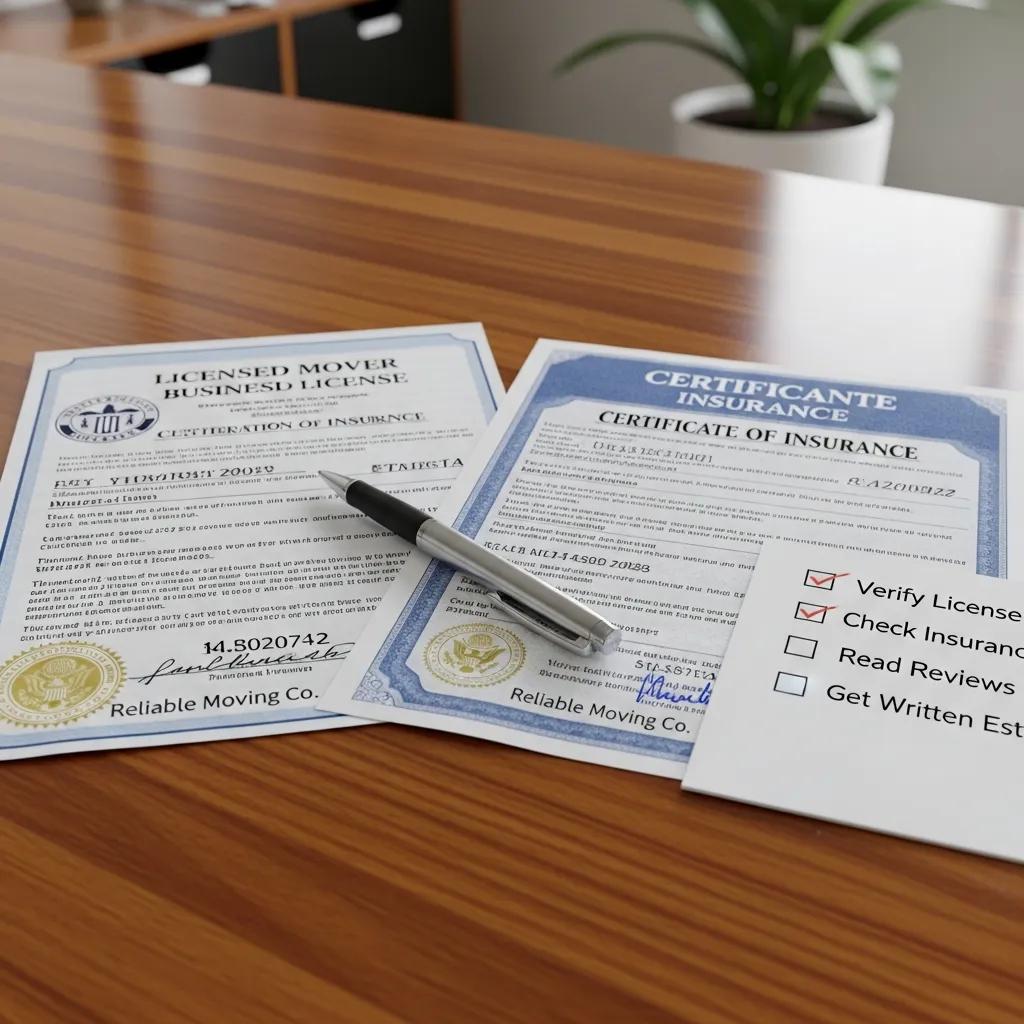 Close-up of moving company license and insurance documents, highlighting the importance of verification